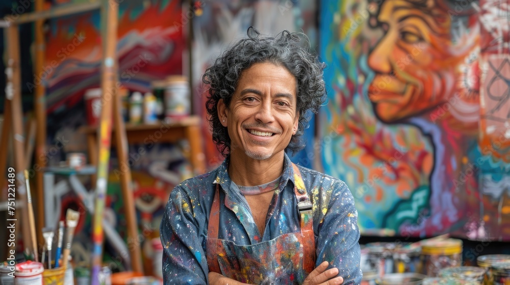 A portrait of a Jewish American artist in their studio, surrounded by canvases and brushes, with a colorful mural in progress behind them, wearing a paint-splattered apron and a smile