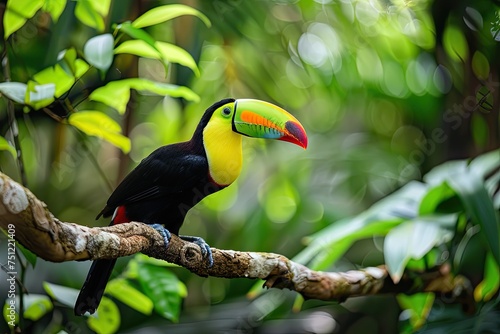 A colorful toucan perched on a branch in a rainforest canopy