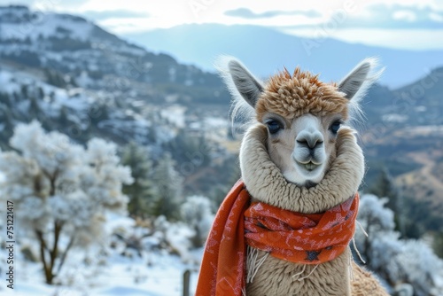 A fluffy alpaca wearing a scarf in a snowy mountain landscape