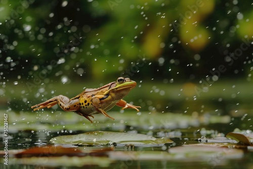 A lively frog leaping from lily pad to lily pad in a rainkissed pond © AI Farm