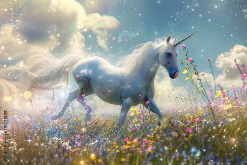 A magical unicorn prancing in a meadow filled with sparkling flowers