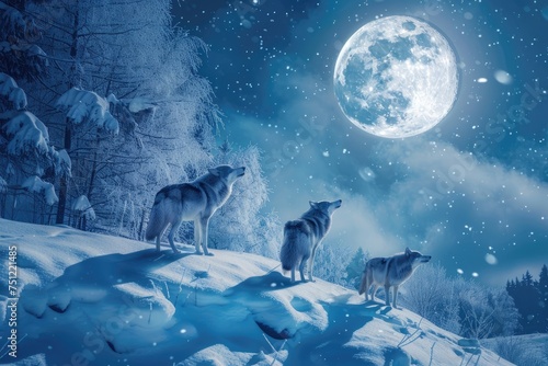 A pack of friendly wolves howling under a full moon in a snowy landscape © AI Farm