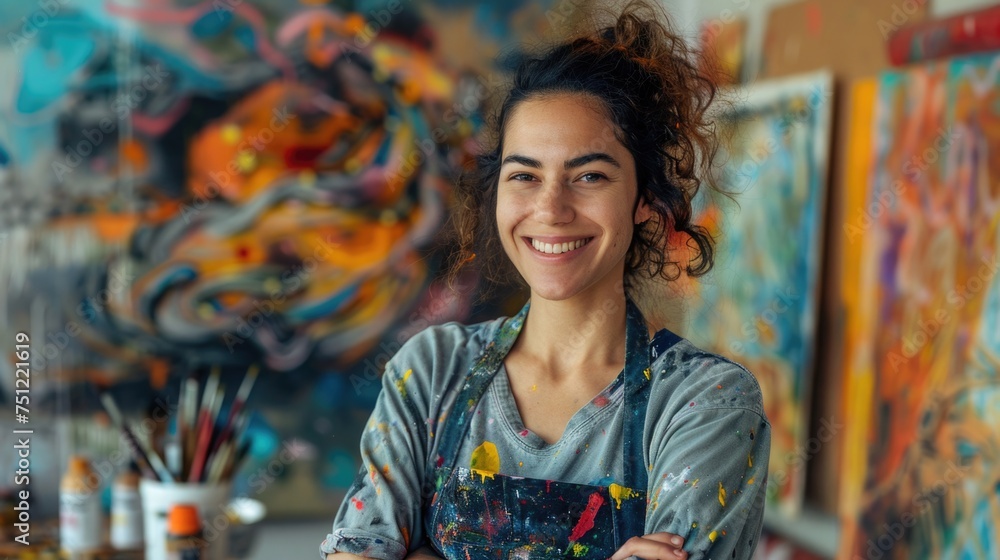 A portrait of a Jewish American artist in their studio, surrounded by canvases and brushes, with a colorful mural in progress behind them, wearing a paint-splattered apron and a smile A portrait of a Jewish American artist in their studio, surrounded by canvases and brushes, with a colorful mural in progress behind them, wearing a paint-splattered apron and a smile