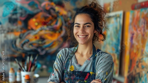 A portrait of a Jewish American artist in their studio, surrounded by canvases and brushes, with a colorful mural in progress behind them, wearing a paint-splattered apron and a smile