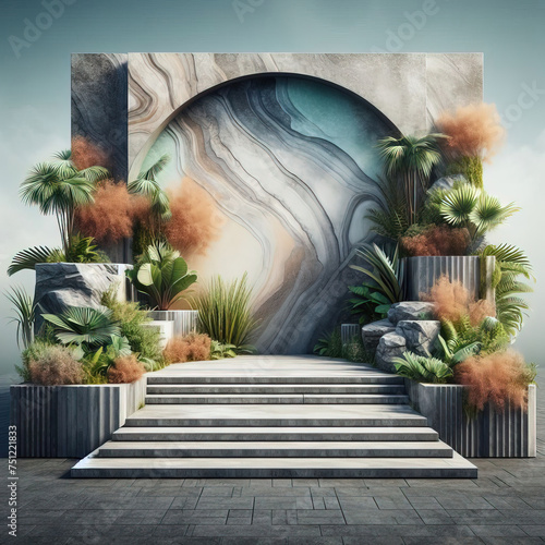 nature Podium display stage with natural stone and tropical leaf for presentation background