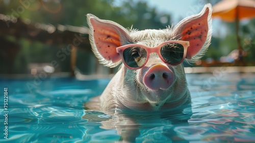 pig fullbody wearing sunglasses floating in water sources The blue water. photo