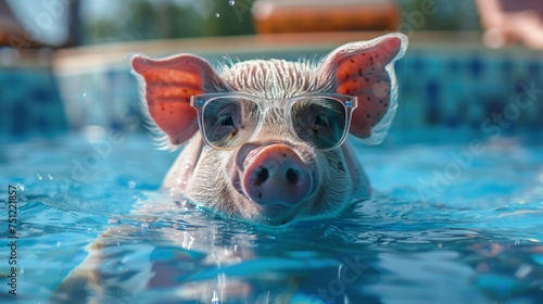 pig fullbody wearing sunglasses floating in water sources The blue water  © supachai
