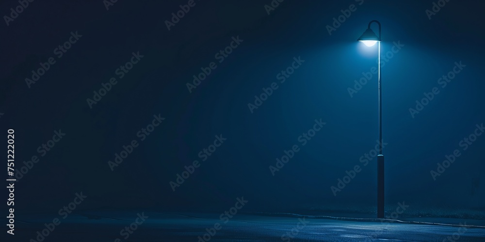 A lone streetlamp glowing in the darkness of night, leaving space for a safety or security message - obrazy, fototapety, plakaty 