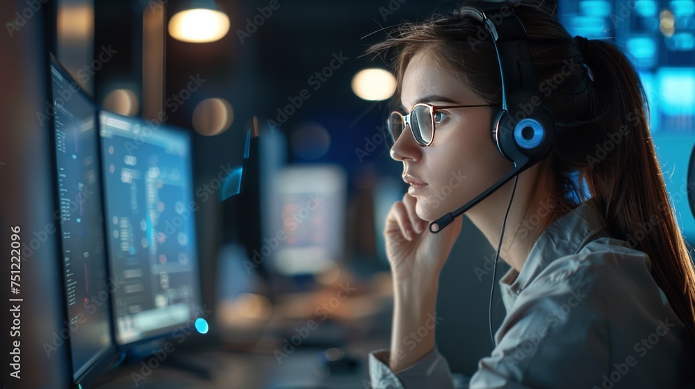 Diligent female call center agent, focused and dedicated, managing tasks on a computer within the central customer service hub. Diligent female call center agent, focused and dedicated, managing tasks on a computer within the central customer service hub.