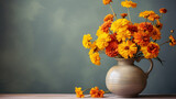 Vase of autumn marigold flowers on a solid background