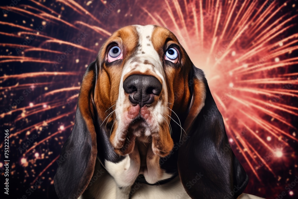 
Photo of a Basset Hound with droopy ears and a worried expression, its long ears hanging low as it hunkers down, fearful of the booming fireworks