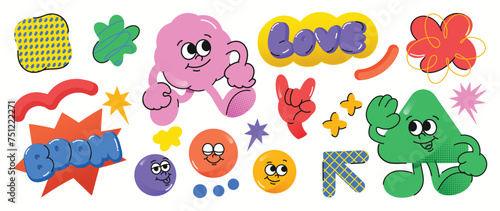 Set of funky groovy element vector. Collection of cartoon characters, doodle smile face, flower, ball, arrow, halftone texture. Cute retro groovy hippie design for decorative, sticker, kids, clipart.