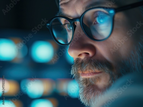 Close-up of a focused financial analyst with glasses reflecting market data charts, deep in analysis.
