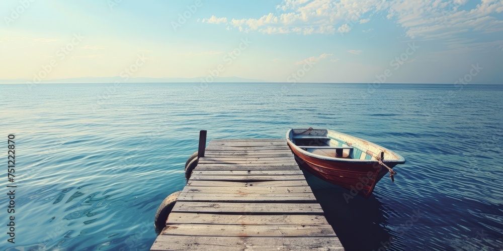 A small boat docked at a pier with a vast ocean beyond, leaving space for a vacation-themed message - obrazy, fototapety, plakaty 