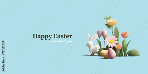 Happy Easter banner with 3d render Easter eggs and Easter bunny in flowers and grass field, egg hunting