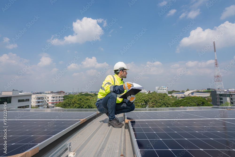 Engineers in helmets installing solar panel system outdoors. Installing a Solar Cell on a Roof. Solar panels on roof. Workers installing solar cell power plant eco technology. Engineers in helmets installing solar panel system outdoors. Installing a Solar Cell on a Roof. Solar panels on roof. Workers installing solar cell power plant eco technology.