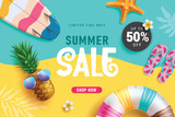 Summer sale text vector banner design. Summer limited time discount offer text with beach and tropical elements in green and yellow background. Vector illustration summer sale banner. 
