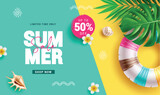 Summer sale text vector template design. Summer limited time offer text with beach elements for seasonal shopping promotion background. Vector illustration summer sale banner. 