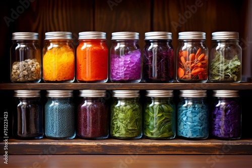 Homeopathic remedies arranged in colorful jars, creating a visually appealing display