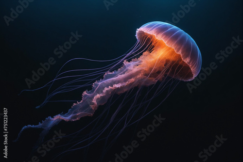 A jellyfish drifting through a dark ocean, neon style