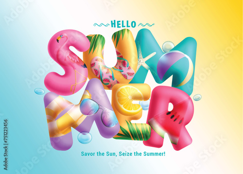 Summer 3d text vector design. Hello summer three dimensional colorful font, typography and letters for tropical season greeting text concept. Vector illustration summer text design. 
