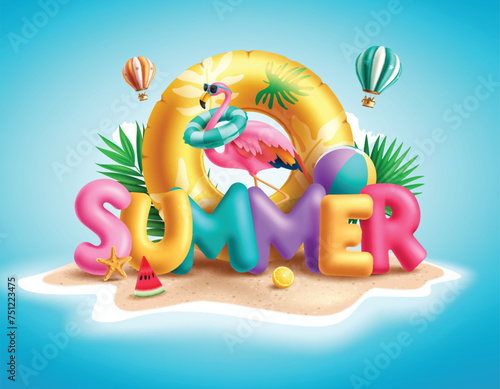 Summer 3d text vector design. Summer greeting colorful text with flamingo wearing sunglasses and floaters in sand island seashore beach concept. Vector illustration summer 3d text design. 
