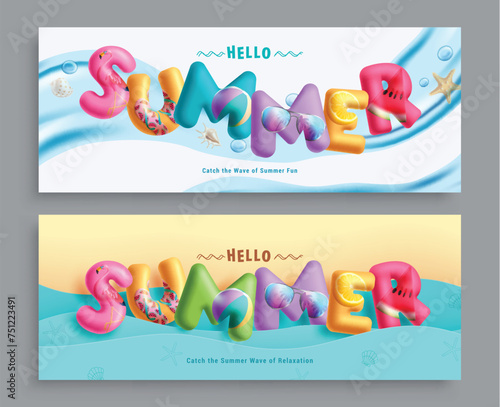 Summer 3d text vector set. Summer greeting in colorful typography, font, title and letters for tropical season promotion advertisement flyers collection. Vector illustration summer 3d text lay out 