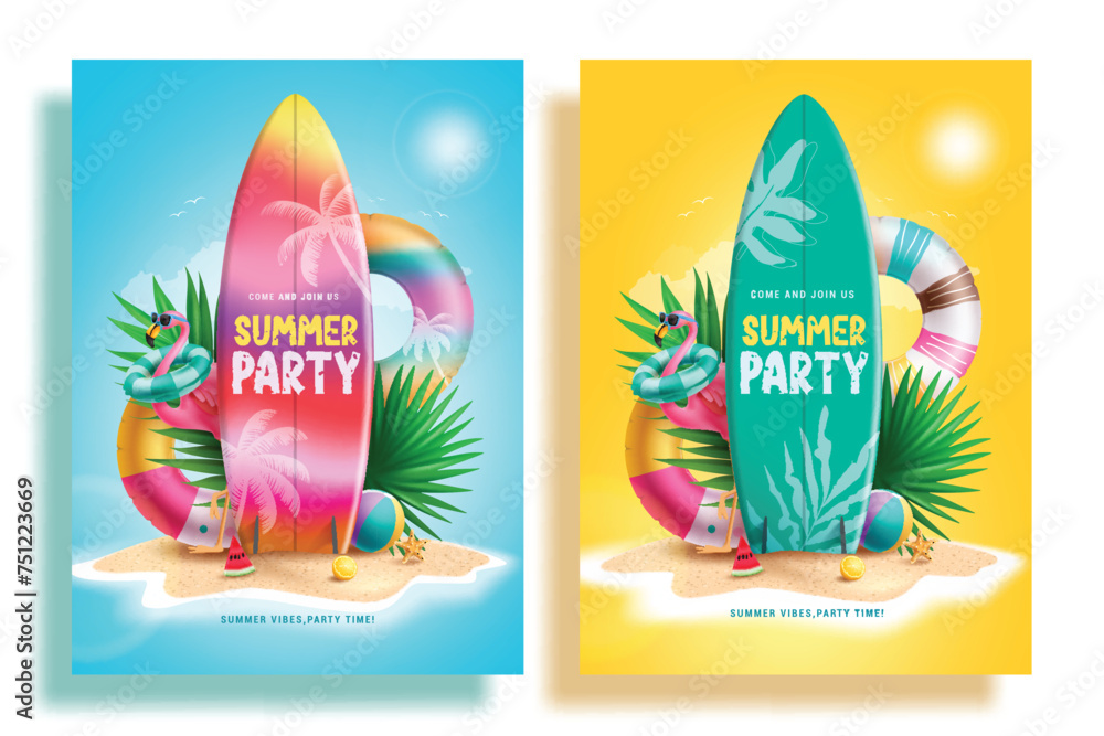 Summer party text vector poster set. Summer party invitation card with surfboard, floaters and flamingo beach elements for holiday vacation postcard collection. Vector illustration summer party card  - obrazy, fototapety, plakaty 