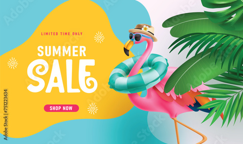 Summer sale text vector banner design. Summer limited time offer discount text with pink bird flamingo elements for tropical shopping promotion background. Vector illustration summer sale banner. 
