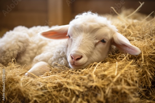 Little cute curly white lamb sleeps sweetly in soft hay