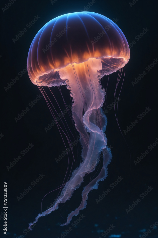 Obraz premium A jellyfish drifting through a dark ocean, neon style