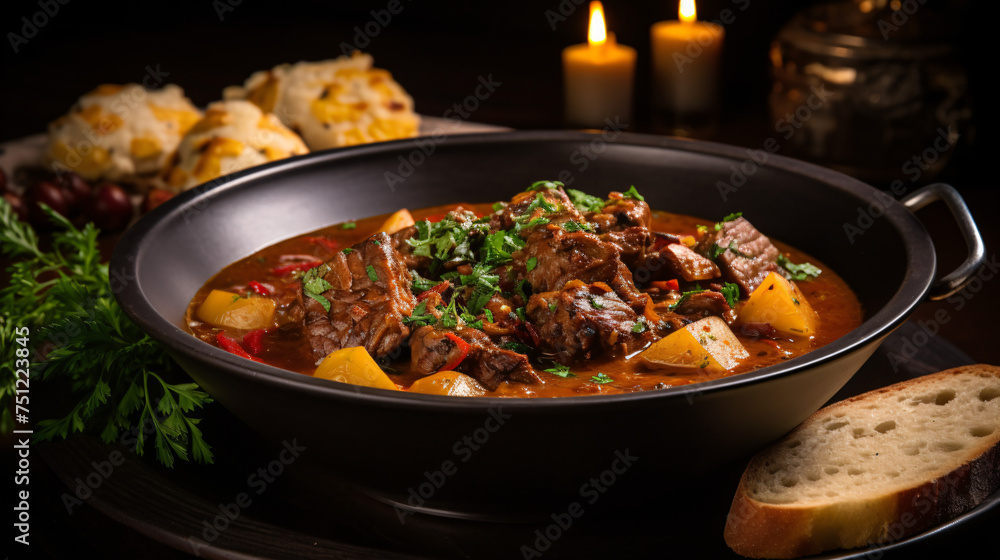 Wild game goulash stew served with roasted potatoe