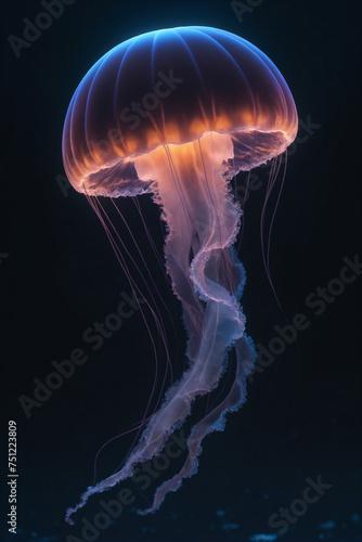 A jellyfish drifting through a dark ocean, neon style