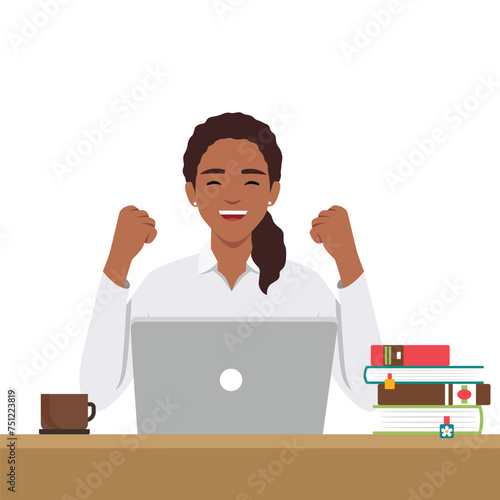 Excited beautiful woman using laptop computer sitting on the desk. Flat vector illustration isolated on white background
