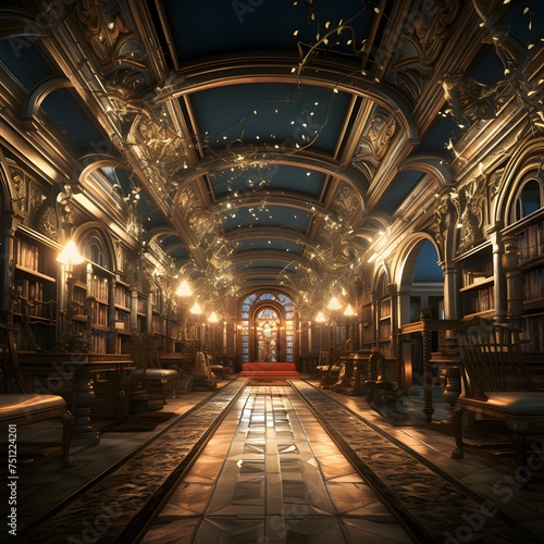 Interior of an old library at night. 3D rendering.