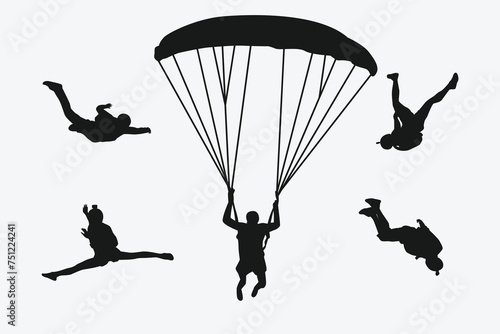 Skydiving set silhouettes. Skydiver, parachute, extreme sport. Different pose, gesture. Isolated background. Vector illustration.