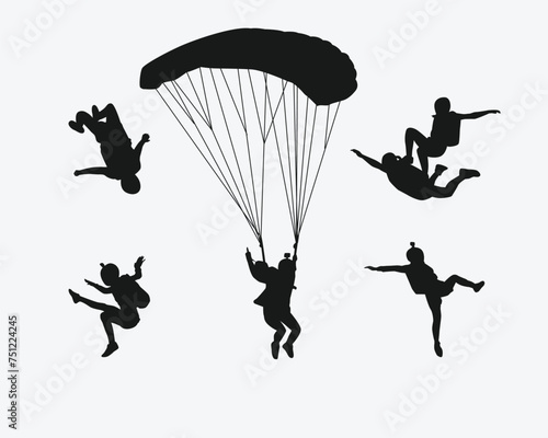 Skydiving set silhouettes. Skydiver, parachute, extreme sport. Different pose, gesture. Isolated background. Vector illustration.