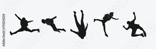 Skydiving set silhouettes. Skydiver, parachute, extreme sport. Different pose, gesture. Isolated background. Vector illustration.