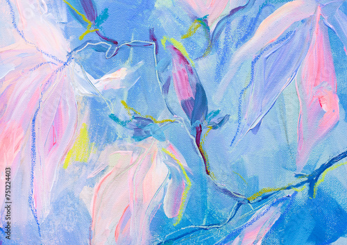 mpressionism style.Abstract art floral backgrounds. Hand-painted background. Acrylic painting on canvas. Fragment of artwork. Brushstrokes of paint. background for textile, package, poster magnolia