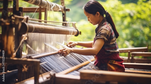 Woman working on weaving machine for weave handmade