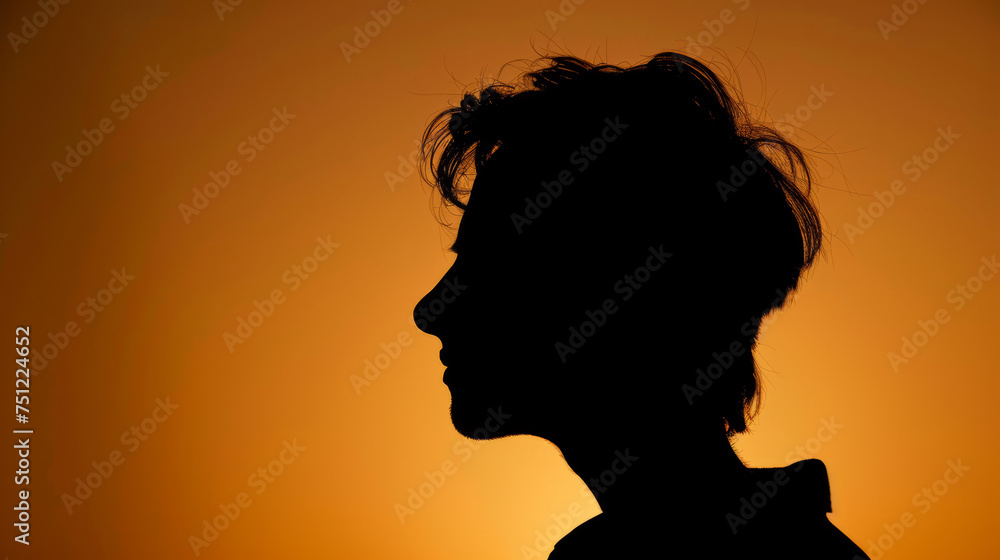 Profile Silhouette of a minimalist, short-haired handsome man with messy hair. Side profile of a person on orange plain color background. Profile Silhouette of a minimalist, short-haired handsome man with messy hair. Side profile of a person on orange plain color background.