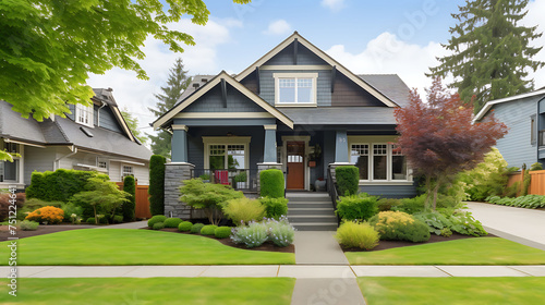 /A large gray craftsman new construction house with a landscaped yard and leading pathway sidewalk