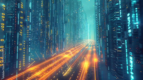 Abstract Highway Path Formed by Light Rays Through Binary Towers in the City - A Futuristic Illustration Embodying the Intersection of Technology and Urban Dynamics