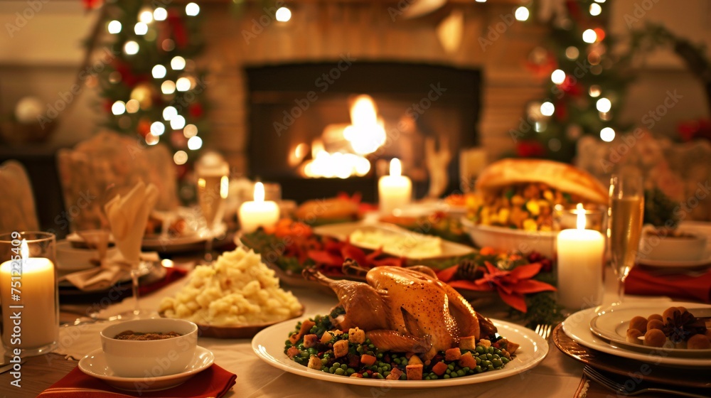 Holiday Glow A Festive Dinner with a Roasted Chicken and a Fireplace Generative AI