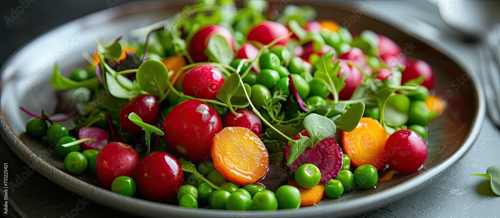 A nutritious and vibrant plate containing a variety of vegetables such as peas, carrots, and radishes. The fresh and colorful ingredients are elegantly arranged, making for a delectable and visually