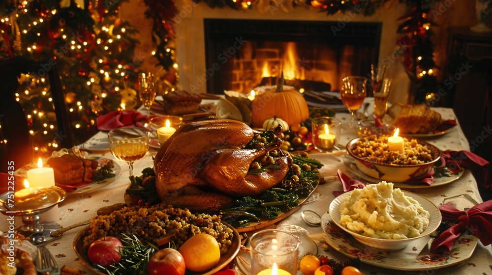 Thanksgiving Dinner A Fireplace-Side Feast with Pumpkin Pie and Green Beans Generative AI