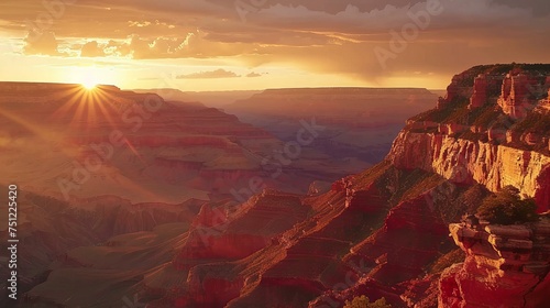 Dawn breaking over the Grand Canyon, with the first rays of sun illuminating the red cliffs © Lemar