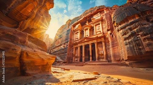 Exploring the ancient city of Petra in Jordan, walking through the Siq to behold the majestic Treasury at sunrise