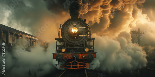 In the glow of the sunset, a steam engine locomotive billows smoke from its stack, enveloping its surroundings in a haze.