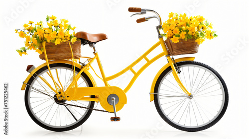 Yellow bicycle with yellow spring flowers isolated